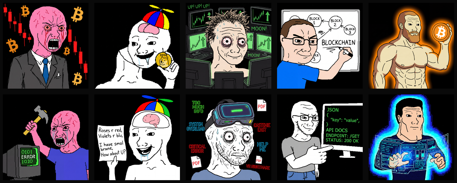 Grid of all 10 final Wojak characters