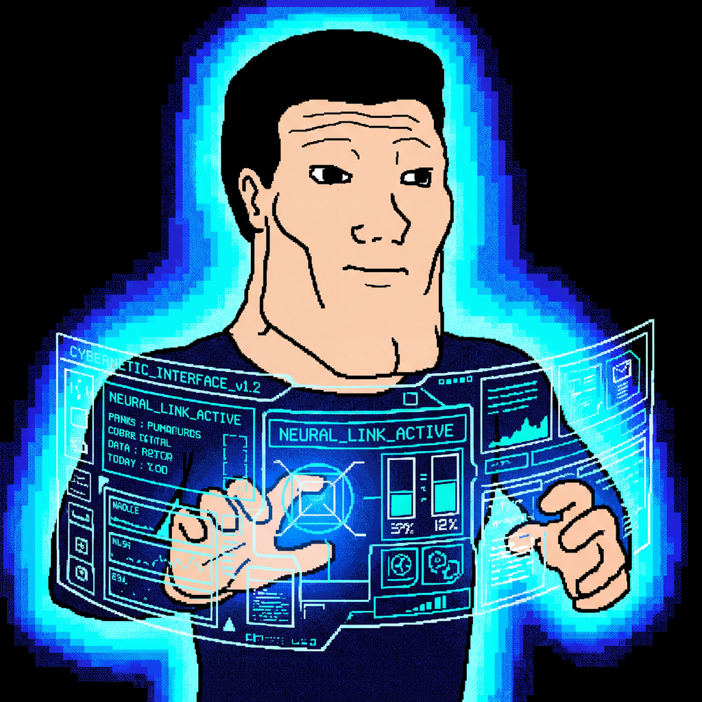 Wojak meme depicting an AI Native - calm chad interfacing with holographic AI systems