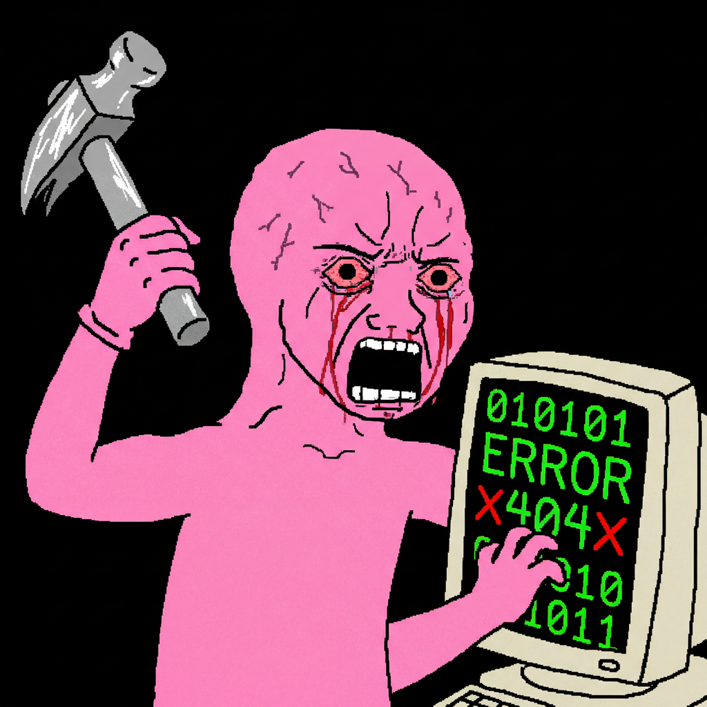 Wojak meme depicting an AI Skeptic - angry pink face with hammer ready to smash computer