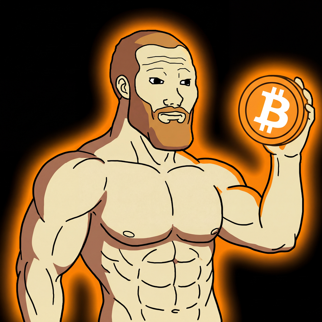 Wojak meme depicting a Bitcoin Maximalist - calm chad with orange Bitcoin aura
