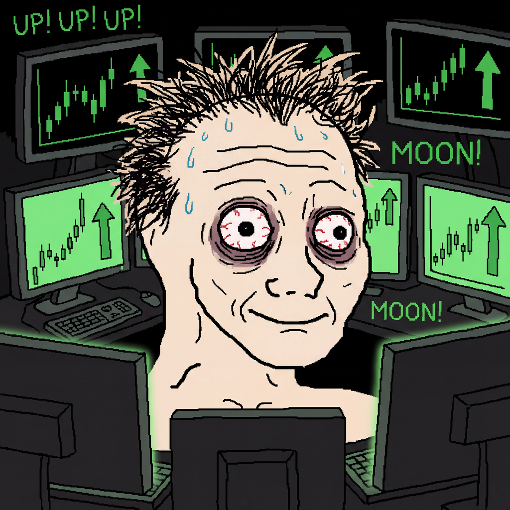 Wojak meme depicting a Bitcoin Speculator - manic trader with laser eyes watching charts