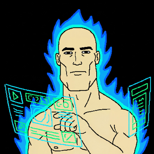 Wojak meme depicting an AI Native - calm chad interfacing with holographic AI systems