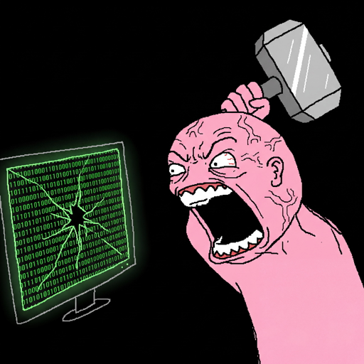 Wojak meme depicting an AI Skeptic - angry pink face with hammer ready to smash computer