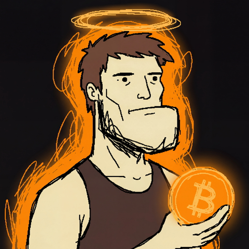 Wojak meme depicting a Bitcoin Maximalist - calm chad with orange Bitcoin aura