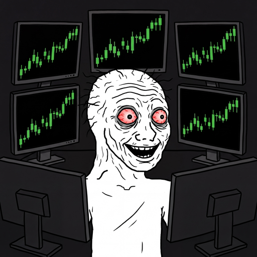 Wojak meme depicting a Bitcoin Speculator - manic trader with laser eyes watching charts